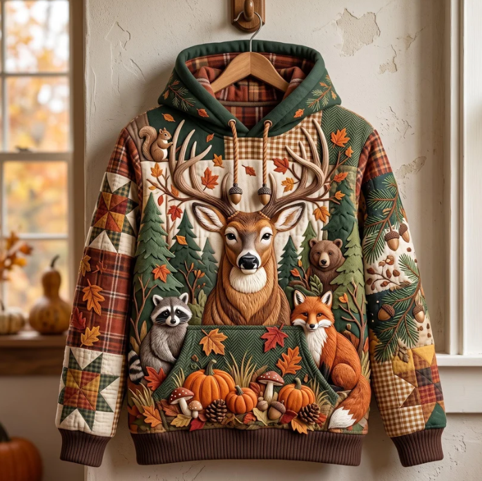 Woodland Harvest Animal Quilted Patchwork Hoodie