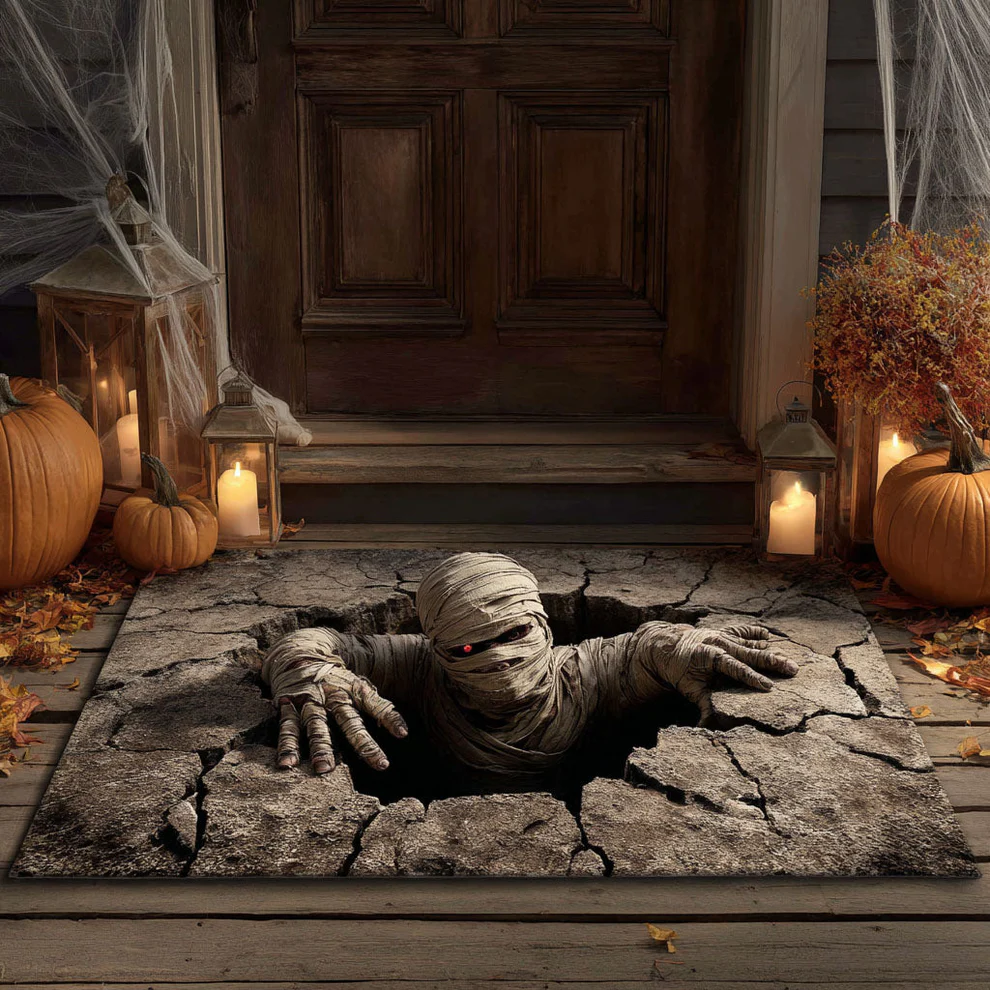 American Horror 3D Style Zombie Breaking Through & Cracked Ground Pattern Halloween Doormat with Non-Slip Backing & Realistic Visual Effect | Prank & Trick