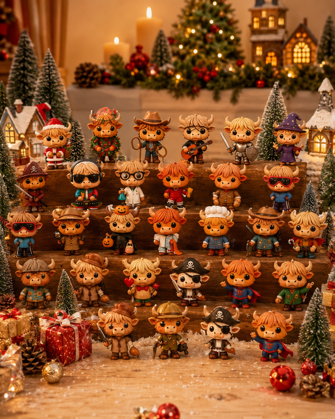 Suggested image: revealed Highland Cow mini figurines displayed on a mantel, shelf, desk, or miniature Christmas village after the countdown