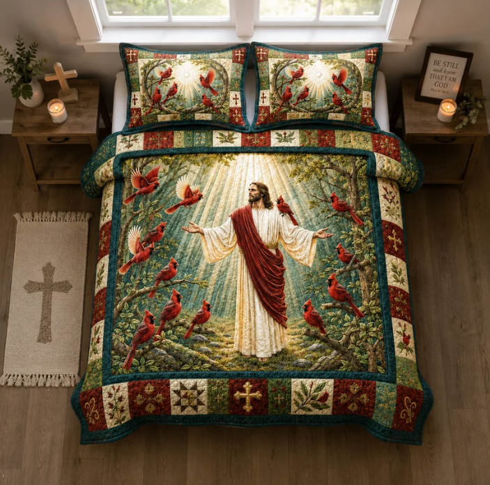 Jesus & Cardinals 3-Piece Quilted Bedding Set