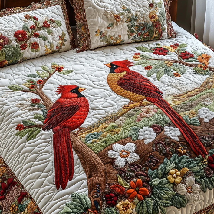Cardinal Birds 3-Piece Quilted Bedding Set