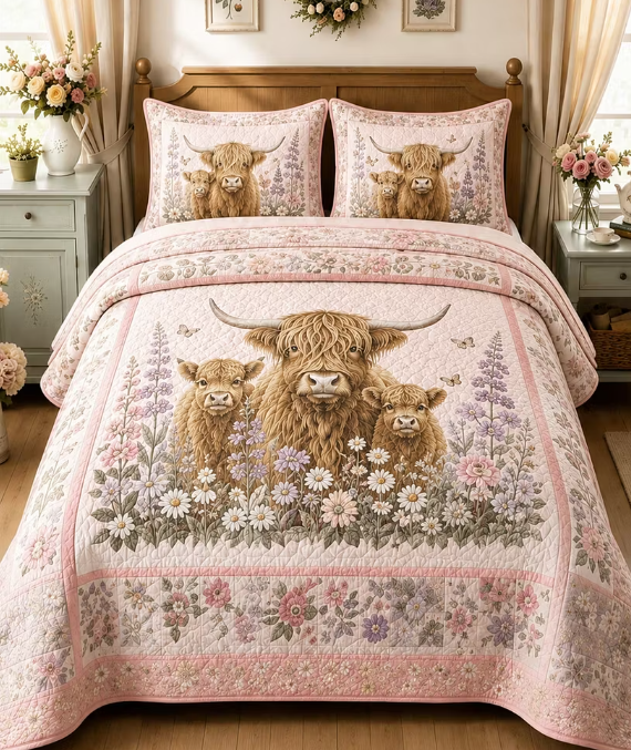 Highland Cow Floral Quilted Bedding 3-Piece Set Vintage Country Bedspread