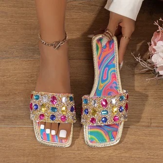 Super Large Colorful Rhinestone Flat Slippers Summer New Soft Outdoor Beach Colorful Diamond Casual Women's Shoes
