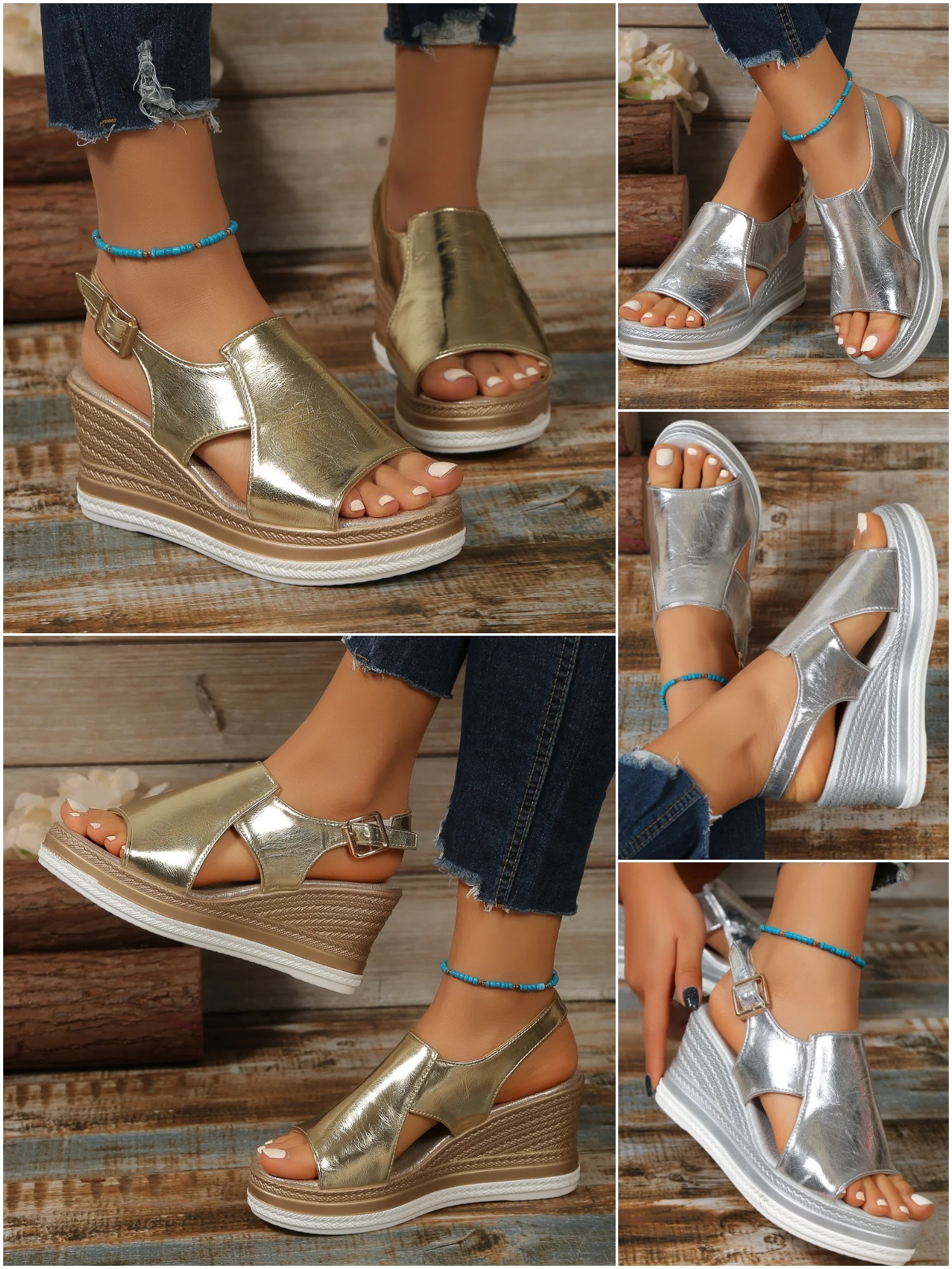 Large size hollow fish mouth gold/silver wedge heel sandals for women 2025 new platform thick bottom bright color shiny buckle sandals
