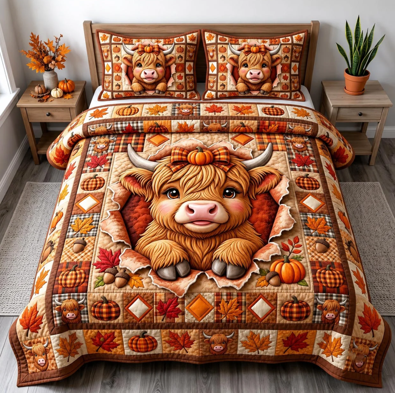 Fall Highland Cow Pumpkin Maple Leaf Quilted Bedding Set 3PCS
