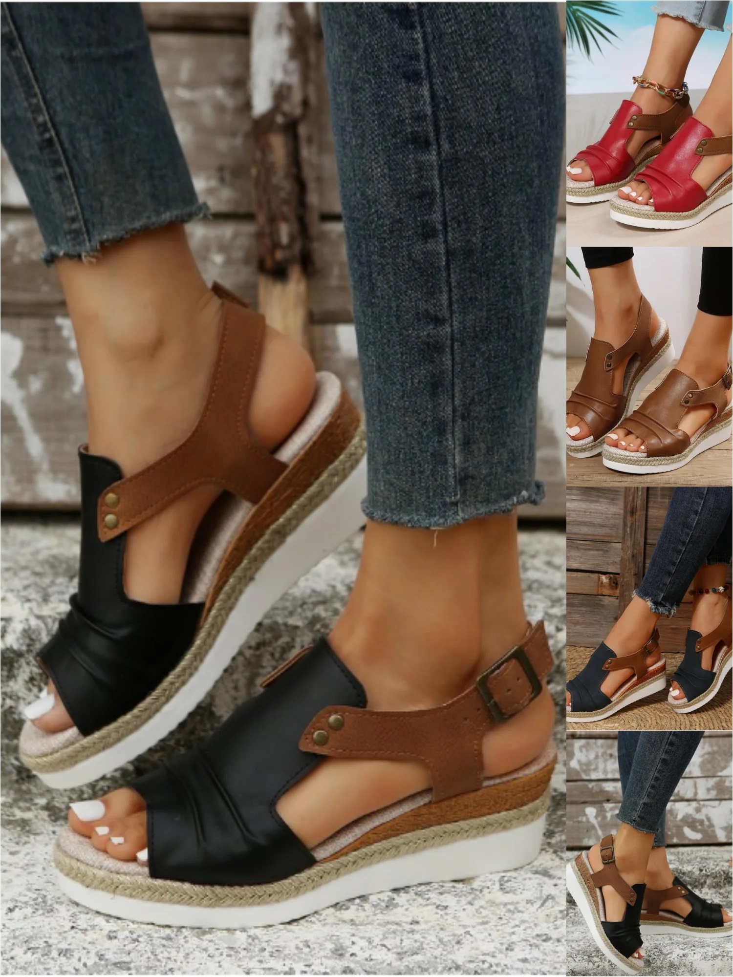 Casual Color Block Summer Pu Wedge Sandal