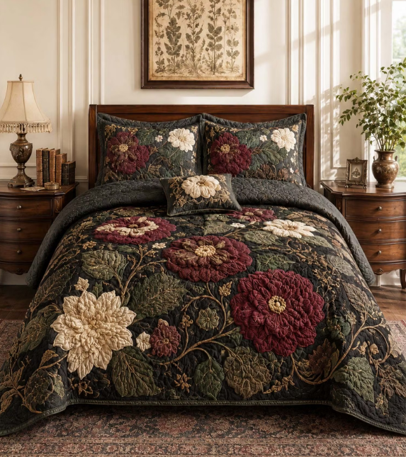Vintage Floral Quilted Bedspread 3-Piece Set American Country Bedding