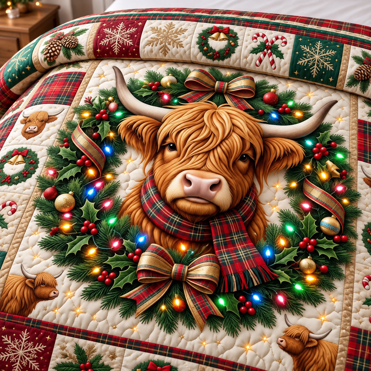 Christmas Highland Cow Quilted Bedding Set