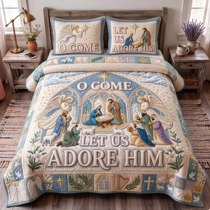 O Come Let Us Adore Him 3-Piece Quilted Bedding Set