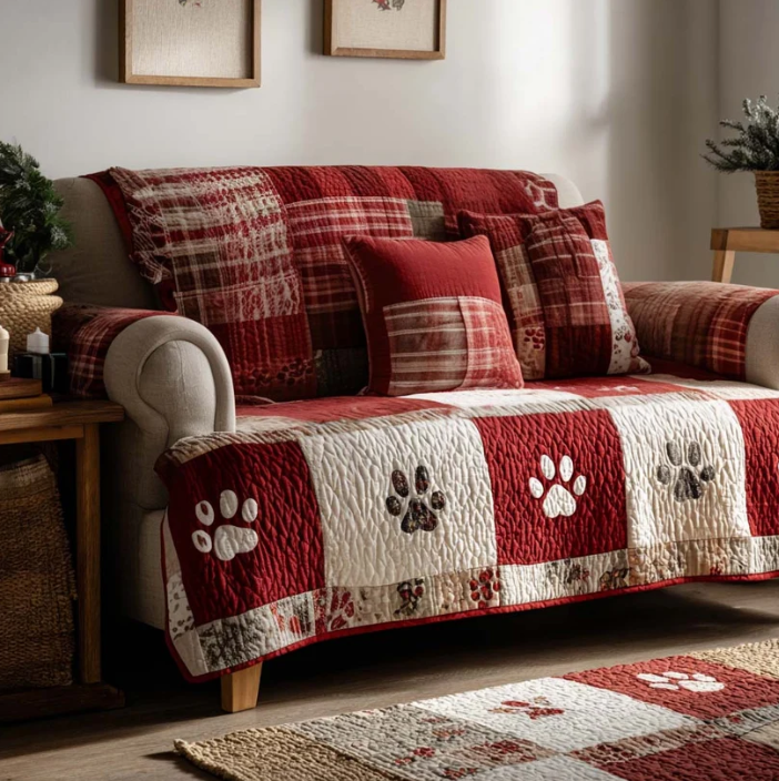 Vintage Blue Pet Paw Sofa Throw, Patchwork Quilted Couch Cover