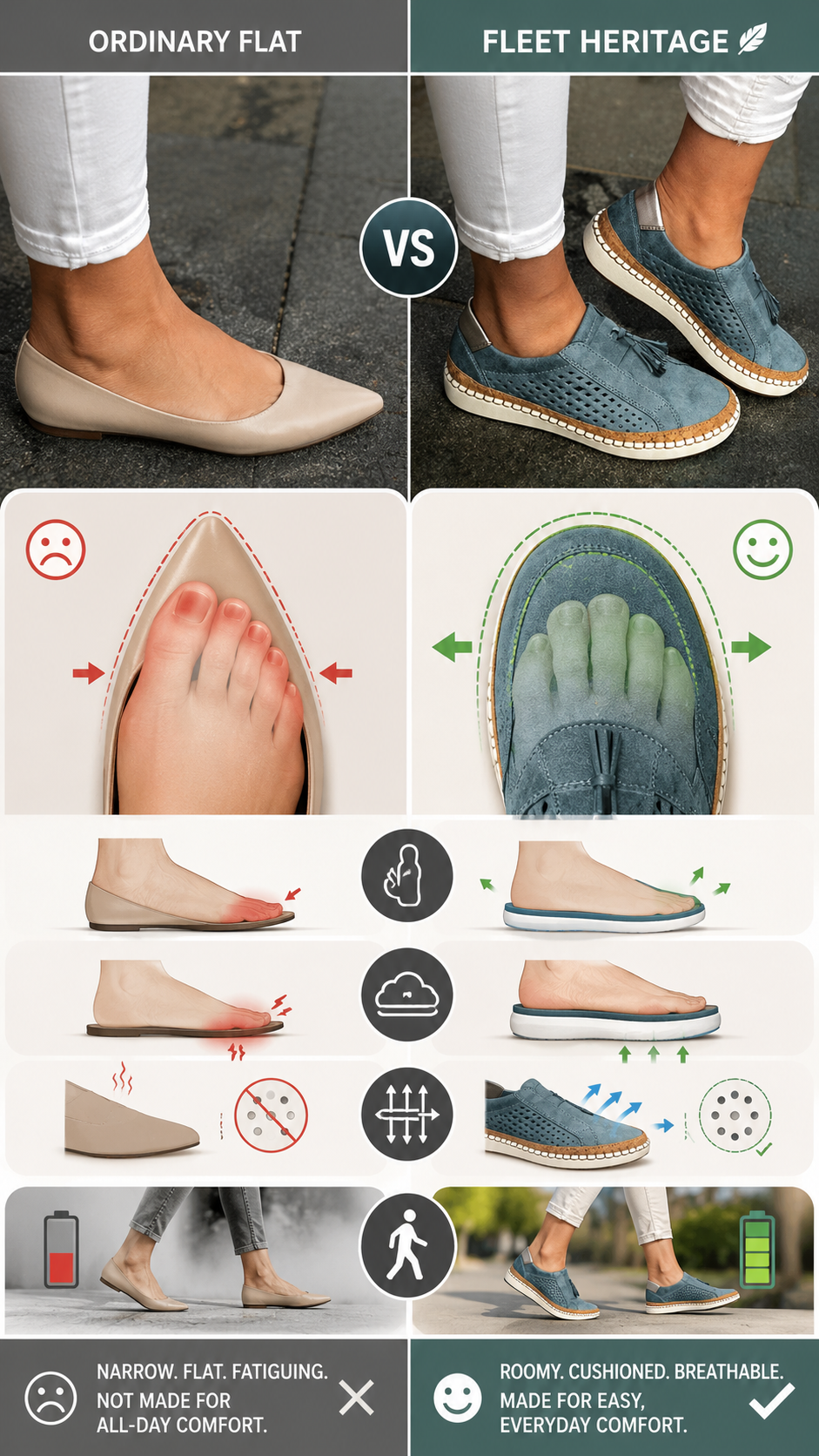 Suggested image: comparison graphic of a thin narrow ordinary flat shoe versus the Fleet Heritage breathable cushioned round toe sneaker during daily walking