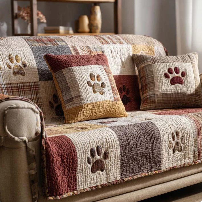 Vintage Blue Pet Paw Sofa Throw, Patchwork Quilted Couch Cover