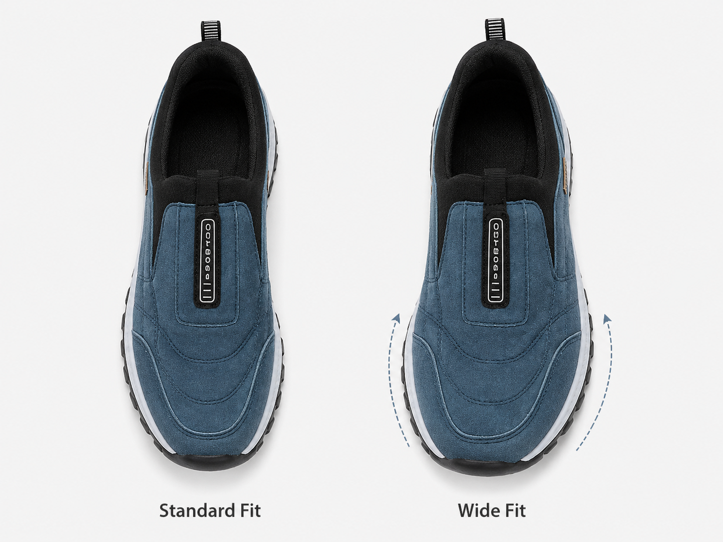 Suggested image: top-view product photo showing roomy toe box and normal or wide fit option