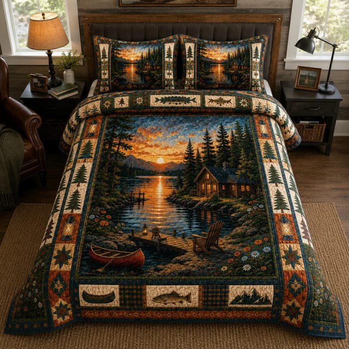 Forest Lake Cabin Quilt Mountain Canoe Landscape Bedspread