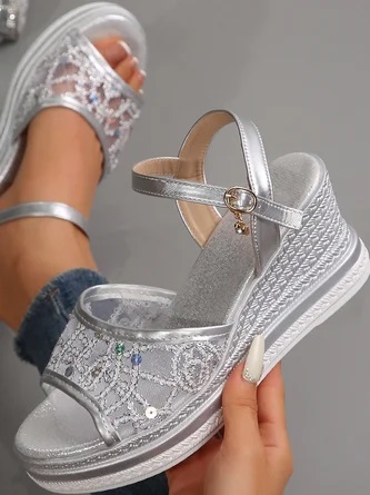 Women’s Summer Wedge Sandals – High Heel Platform, Buckle Strap, Mesh & Rhinestone Peep Toe