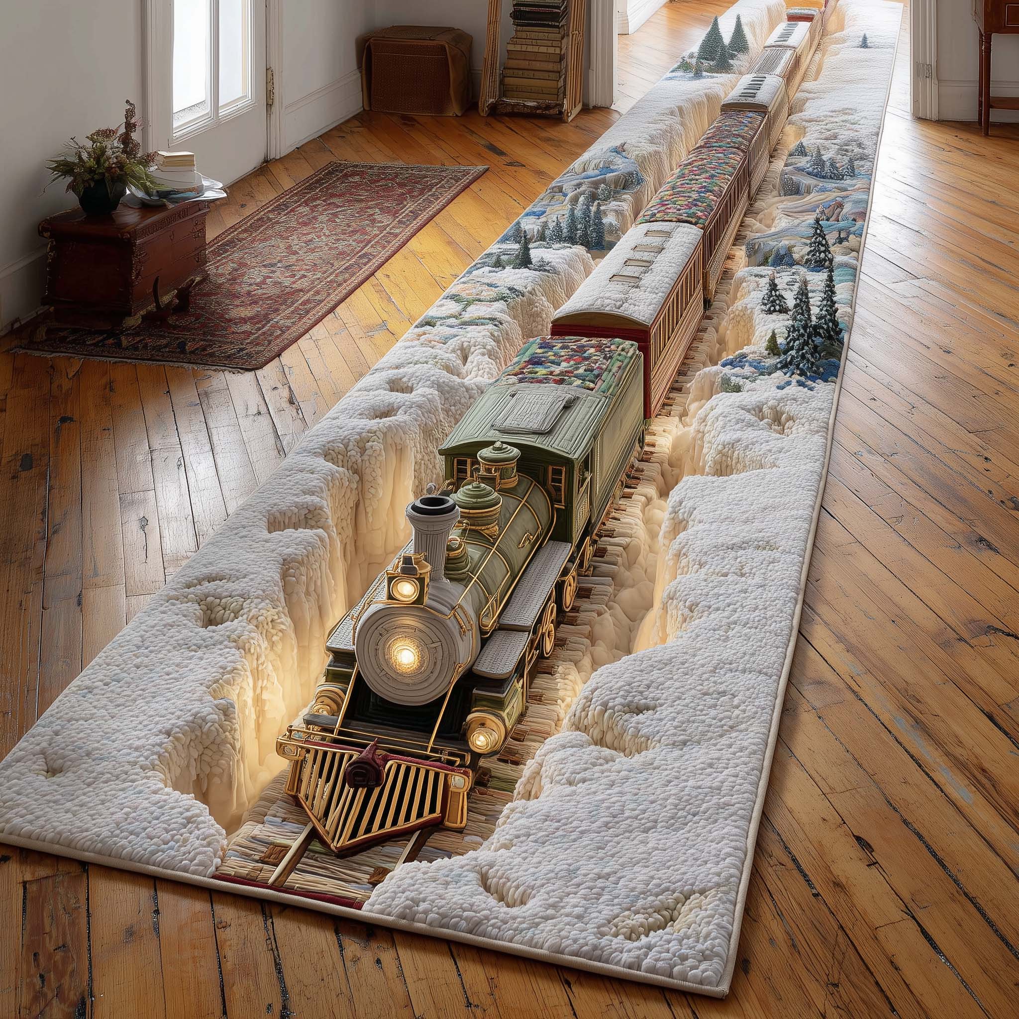 Winter Snow Train Journey Runner – Holiday Express Quilted Runner Rug