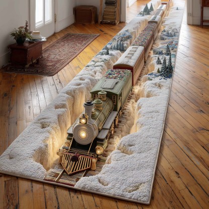 Winter Snow Train Journey Runner – Holiday Express Quilted Runner Rug