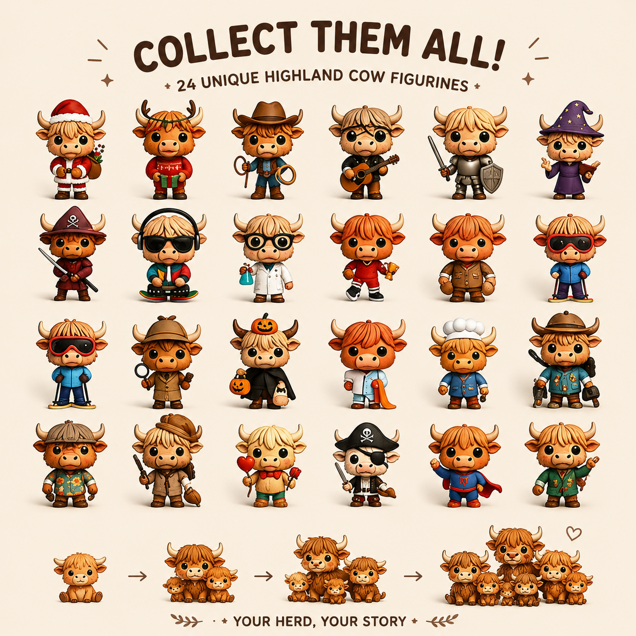 Suggested icon image: simple collection icon showing multiple different Highland Cow mini figurines or a growing mini herd