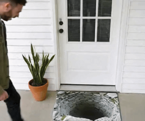 Feature image: show a plain entryway transformed by the Endless Abyss optical illusion doormat