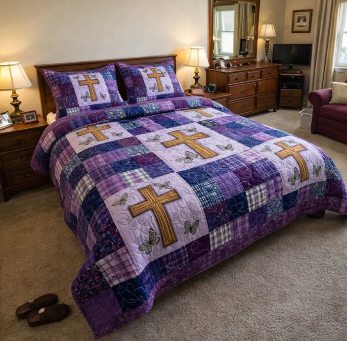 Purple Cross 3-Piece Quilted Bedding Set