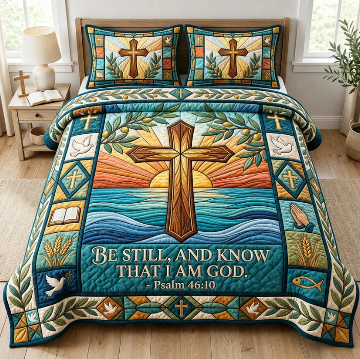 Christian Cross 3-Piece Quilted Bedding Set