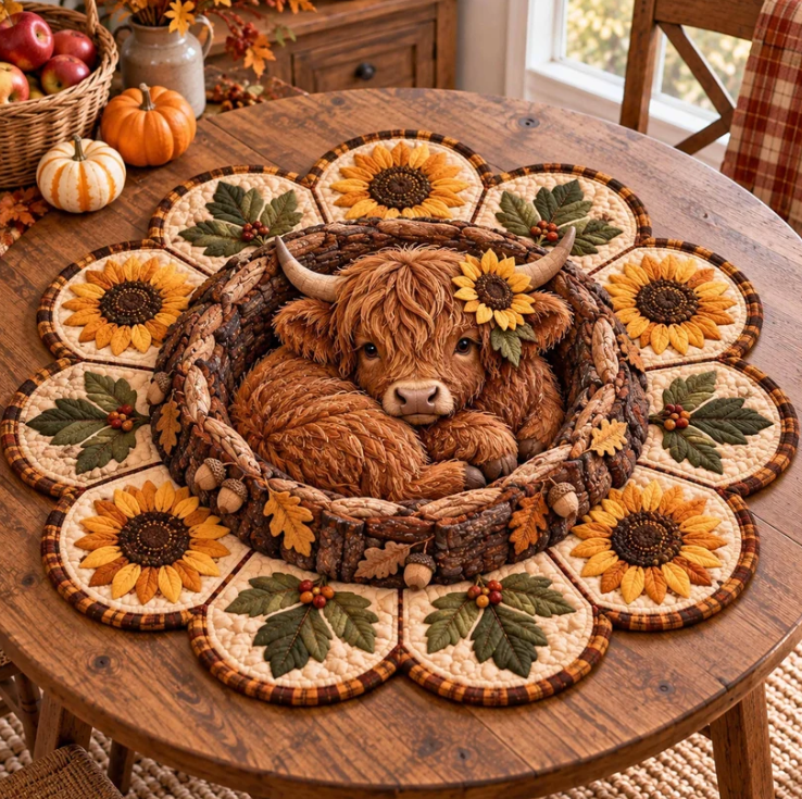 Sunflower Acorn Highland Cow Thanksgiving Quilted Table Topper