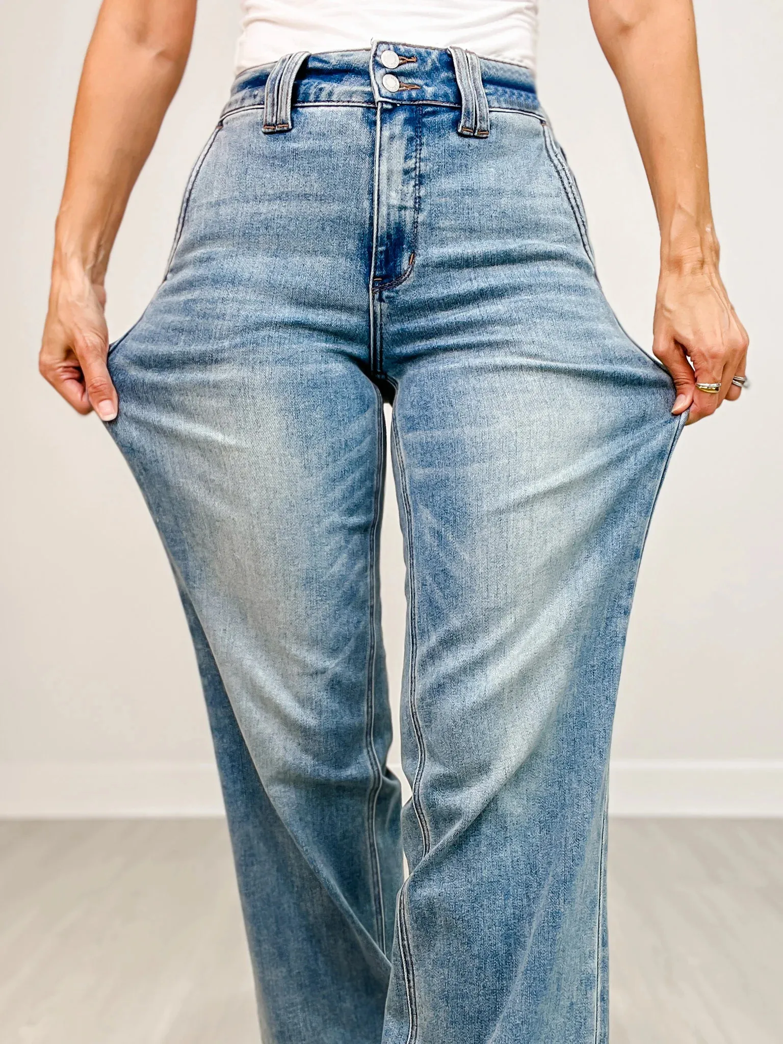 High Rise Double Button Wide Leg Jeans (Buy 2 Free Shipping)