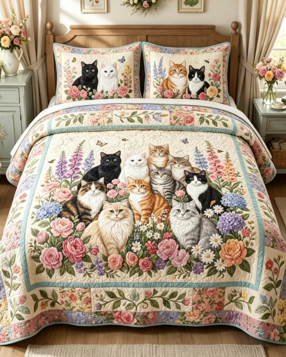 Floral Cats 3-Piece Quilted Bedding Set