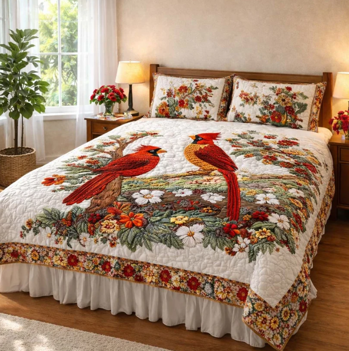 Cardinal Birds 3-Piece Quilted Bedding Set