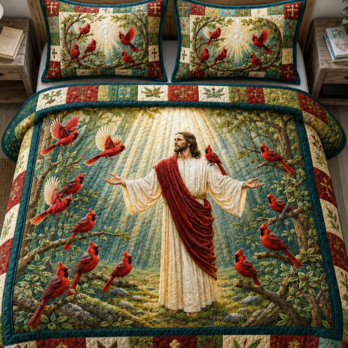 Jesus & Cardinals 3-Piece Quilted Bedding Set