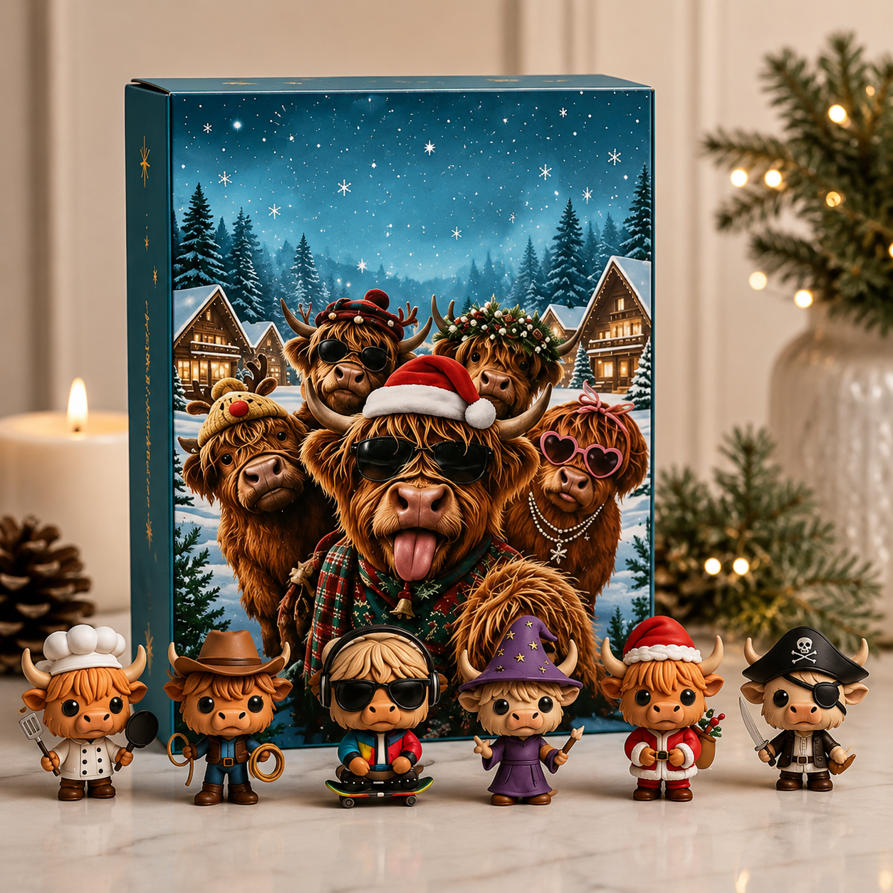 Suggested image: clean product pack shot showing the 2026 Highland Cow Advent Calendar box with several mini cow characters in front