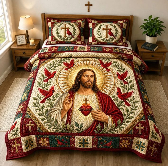 Vintage Religious Figure Quilted Bedspread 3-Piece Set American Classic Bedding