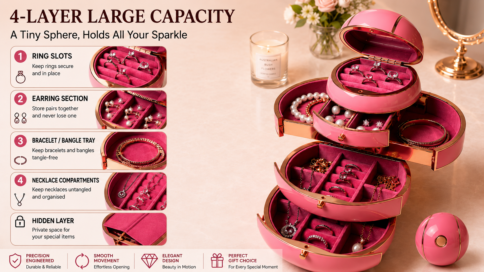 Jewelry box open showing separate compartments for rings, earrings, bracelets, and necklaces