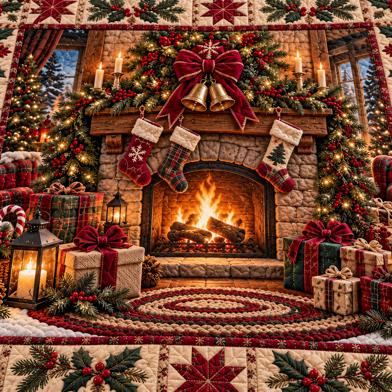 Close-up of printed Christmas stone fireplace quilt scene with glowing flames, three stockings, burgundy bow with gold bells, evergreen garland, lanterns, presents and visible diamond quilting