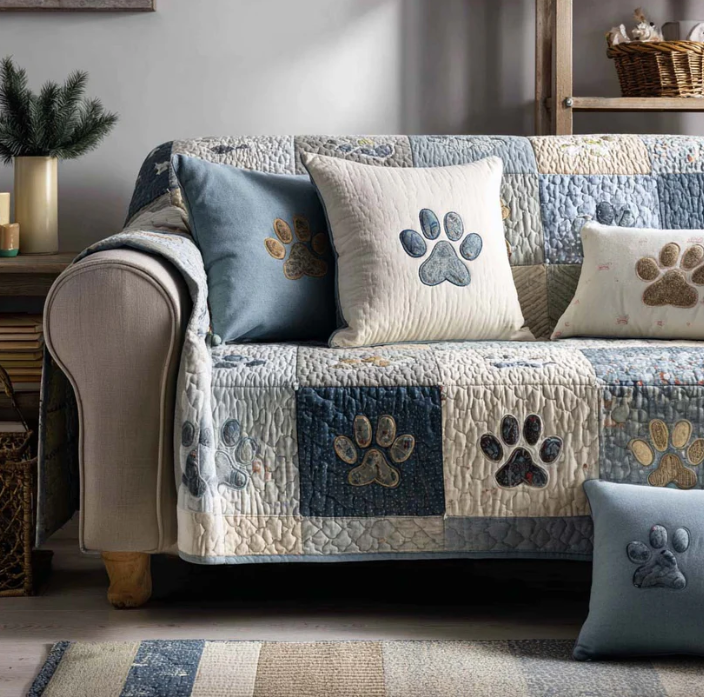 Vintage Blue Pet Paw Sofa Throw, Patchwork Quilted Couch Cover