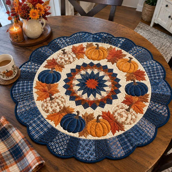 Blue Plaid Pumpkin Autumn Leaf Quilted Table Topper