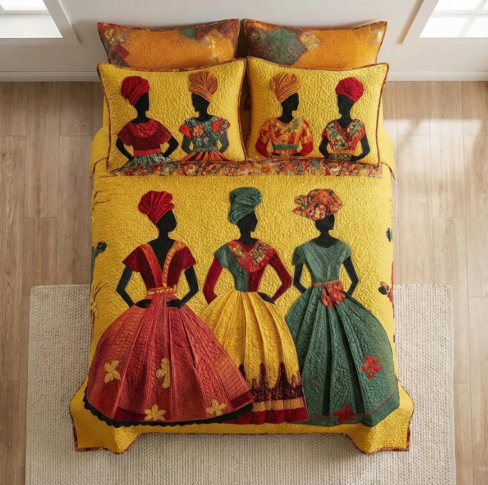 African Women 3-Piece Quilted Bedding Set