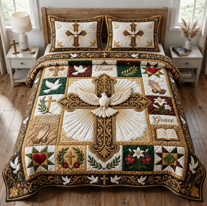 Faith & Grace Cross 3-Piece Quilted Bedding Set