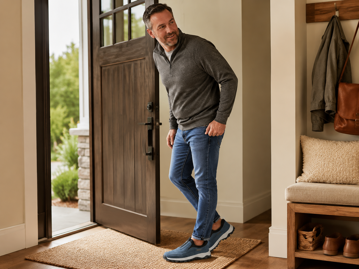 Suggested image: lifestyle image showing easy slip-on use by a middle-aged man near a doorway