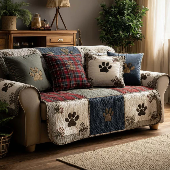Vintage Blue Pet Paw Sofa Throw, Patchwork Quilted Couch Cover