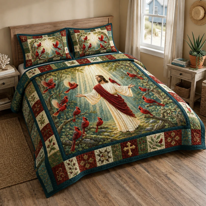 Jesus & Cardinals 3-Piece Quilted Bedding Set