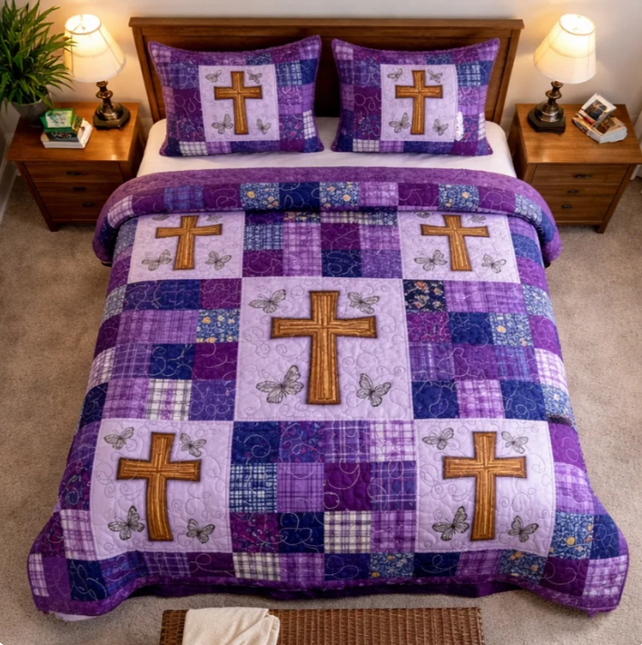 Purple Cross 3-Piece Quilted Bedding Set