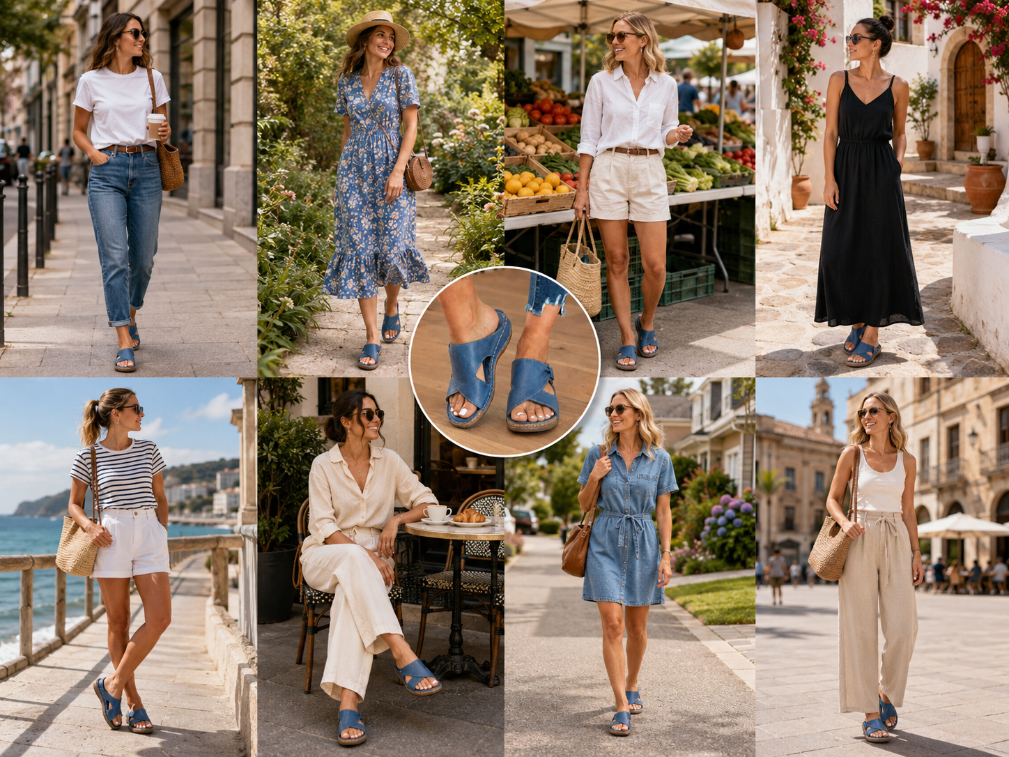 Suggested image: styled lifestyle photo showing Blue or Pink cross-strap sandals with a summer dress for daily outdoor wear