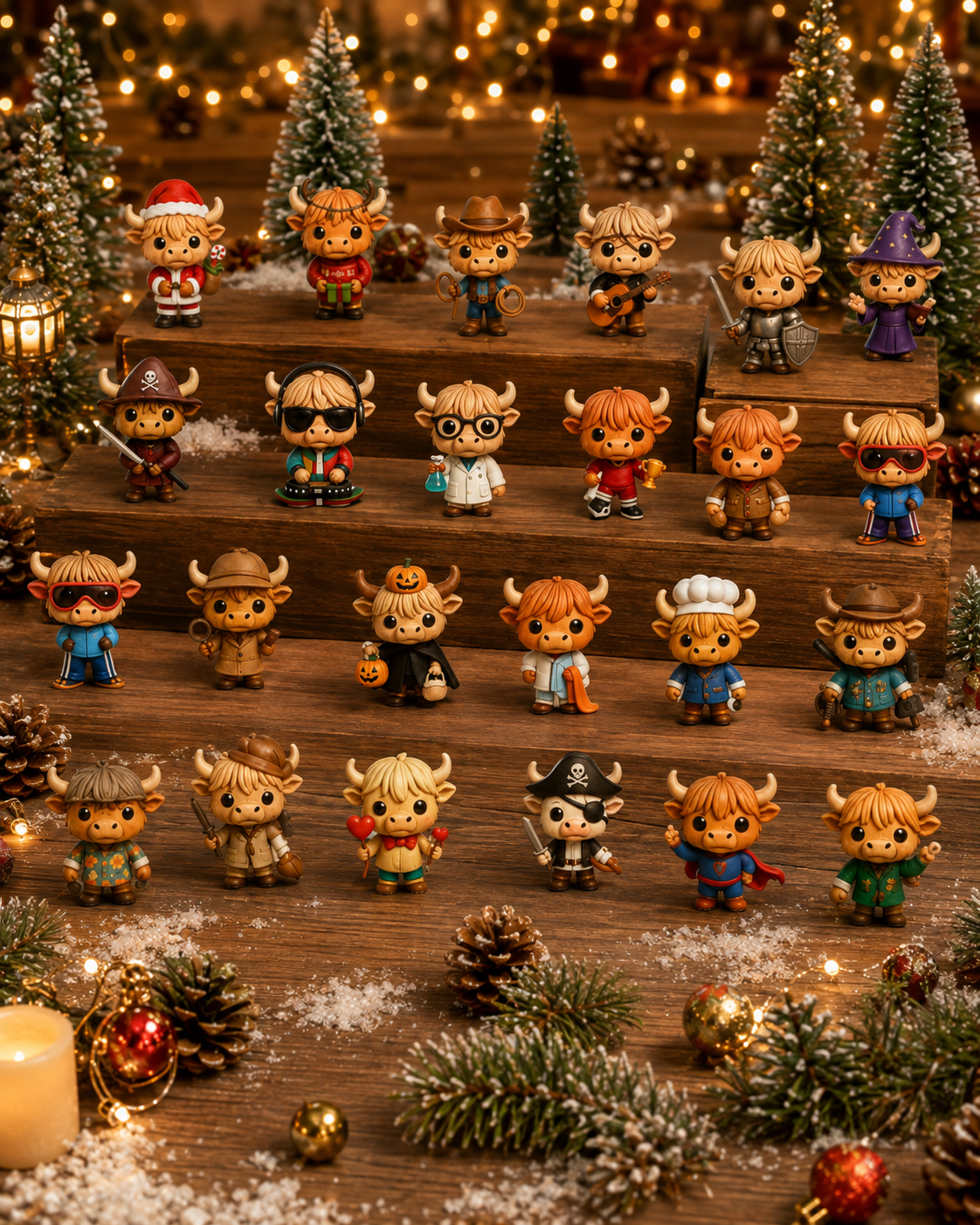Suggested image: full 24-piece Highland Cow character collection arranged as festive d&eacute;cor with mini trees, lights, or faux snow