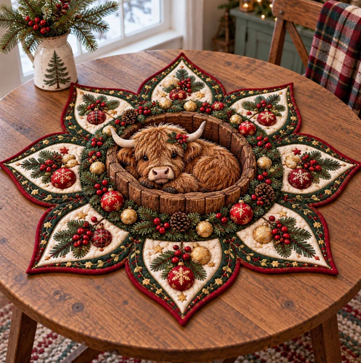 Highland Cow Christmas Ornament Quilted Table Topper
