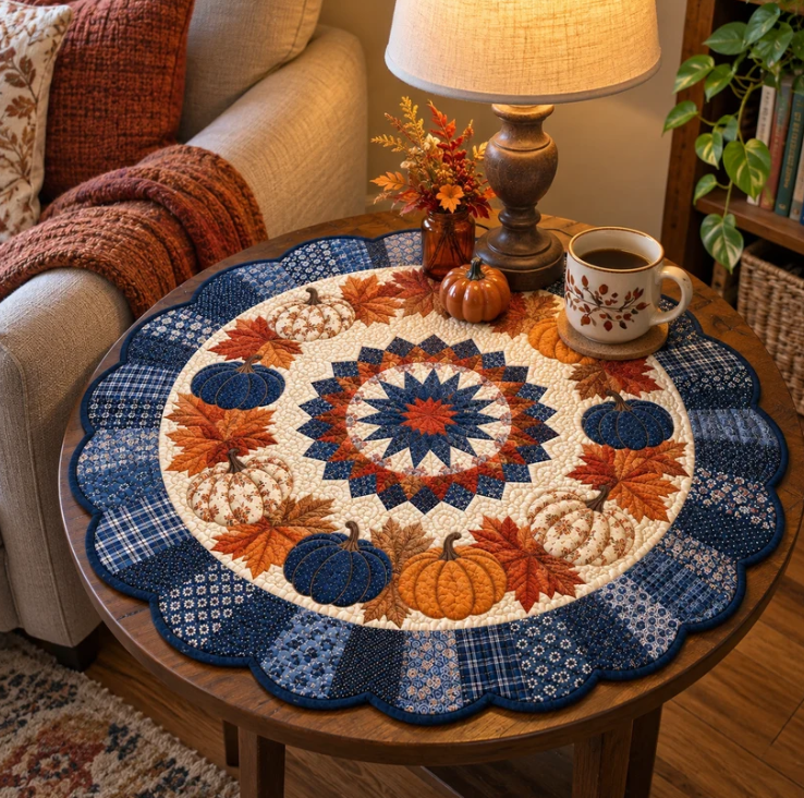 Blue Plaid Pumpkin Autumn Leaf Quilted Table Topper