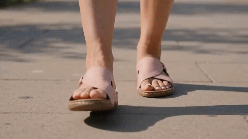 Suggested image: real lifestyle photo or GIF of a woman wearing FLEET HERITAGE cross-strap sandals while walking outdoors, shopping, or traveling