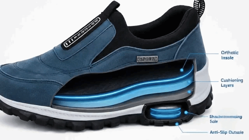 Suggested image: comparison graphic showing flat shoe pressure versus supported orthopedic walking shoe pressure
