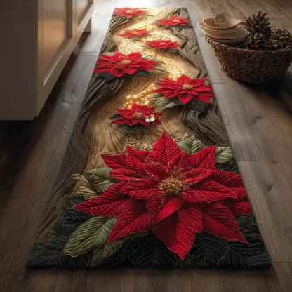 Festive Poinsettia Quilted Runner Rug  | flower