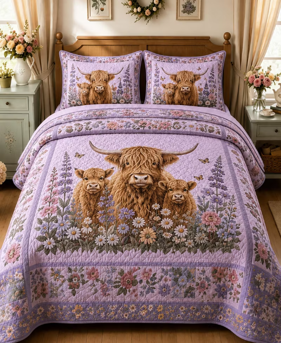 Highland Cow Floral Quilted Bedding 3-Piece Set Vintage Country Bedspread
